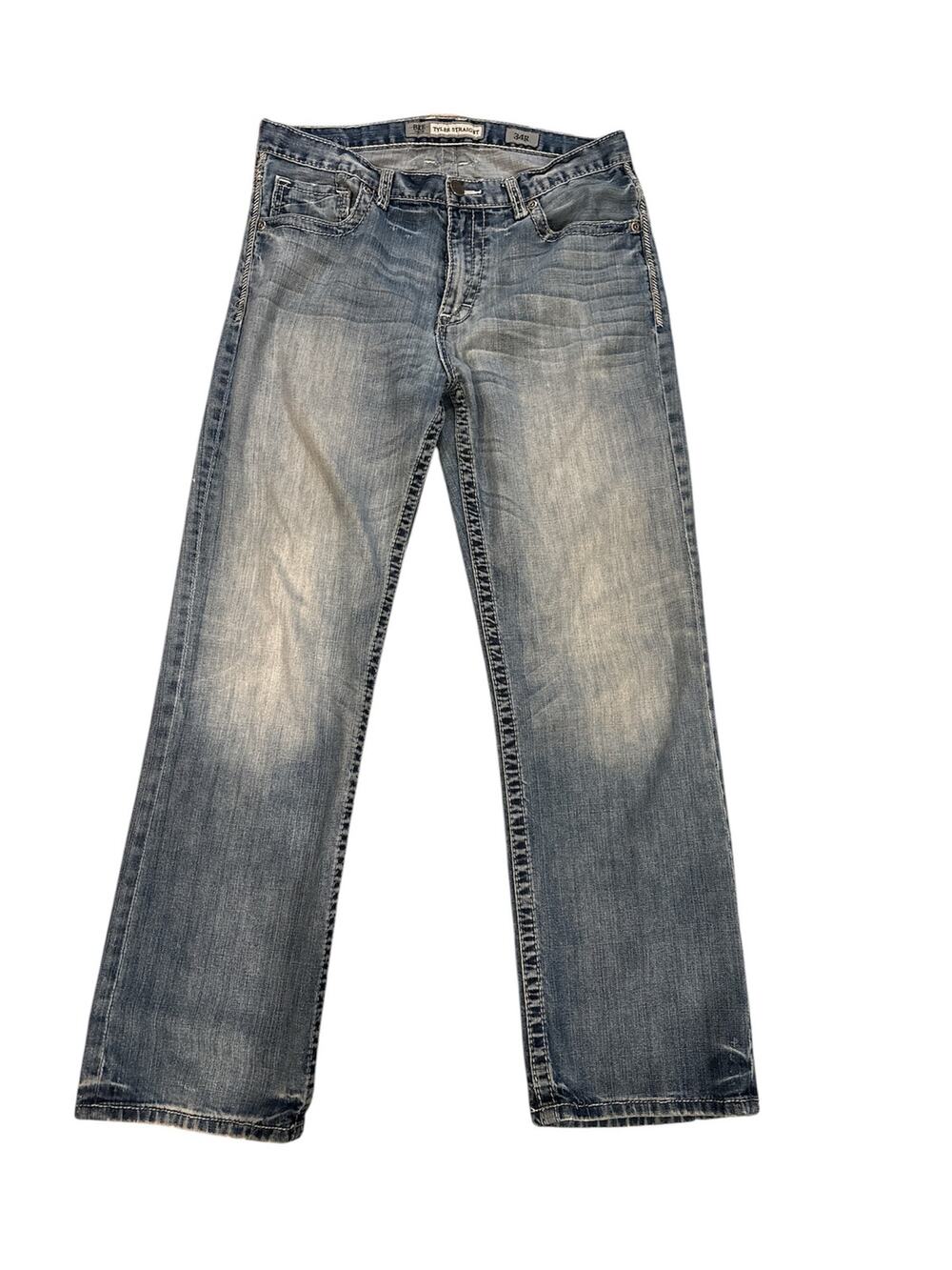 BKE Tyler denim straight leg jeans size 34R. Medium to light wash, distressed.